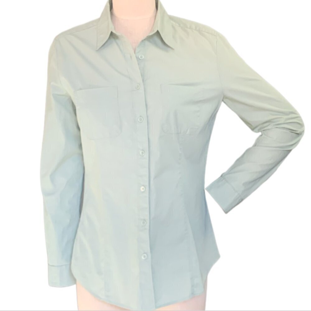 Ann Taylor Loft The Softened Shirt Sz M‎ Cotton Button Front Pockets Green #58K